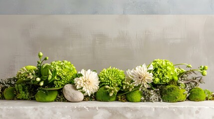 Wall Mural - Green and White Flower Arrangement with Stones and Moss