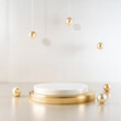 © MVM - Minimalist gold and white round podium with hanging and scattered decorative spheres on light background