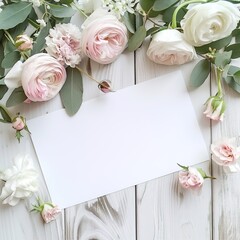 wedding composition top view white empty card with frame of pink roses flowers on white wooden background