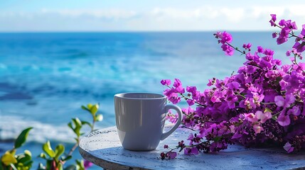 Wall Mural - A beverage mug on a table adorned by purple blossoms with the ocean as the backdrop