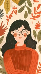 Canvas Print - Woman with Glasses and a Red Sweater Surrounded by Leaves