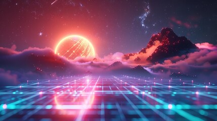 Synthwave retrowave art, neon gradient grid, vibrant 80s inspired futuristic vibe