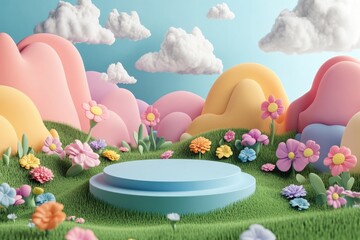 A colorful, cartoonish landscape with a blue, circular stage in the middle