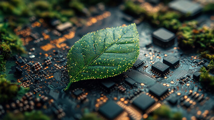 Green natural eco friendly green leaf and computer technology on abstract high tech futuristic background of microchips and computer printed circuit boards.