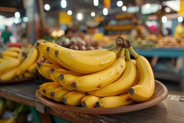 A bunch of bananas are piled on top of a plate