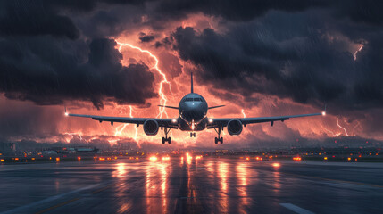 Wall Mural - A plane taking off from an airport runway with dark storm clouds and lightning in the background