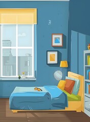 Wall Mural - Cartoon Illustration of a Blue Bedroom with a Bed and a Window