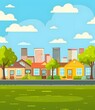 © Adobe Contributor - Cartoon Illustration of a Cityscape with Houses and Trees