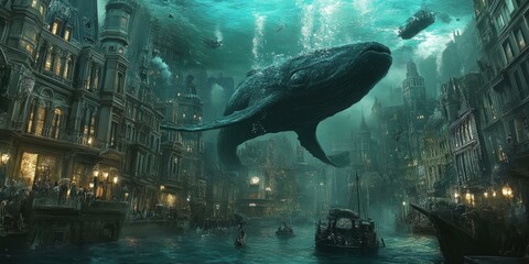 Wall Mural - A whale swims through an underwater city.