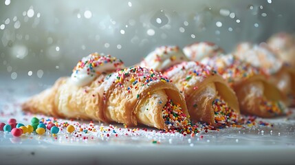 A classic delicacy cannoli with sprinkles is displayed on the light table