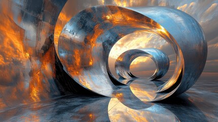 Wall Mural - Abstract Metallic Rings Against a Sunset Sky