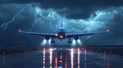 Wall Mural - A plane taking off from an airport runway with dark storm clouds and lightning in the background