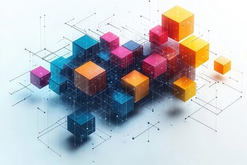 Wall Mural - isometric network visualization with colorful cubes and connecting lines abstract representation of data flow on clean white background