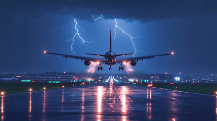 Wall Mural - A plane taking off from an airport runway with dark storm clouds and lightning in the background