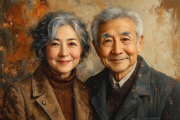 joyful senior love illustrated portrait of smiling japanese couple warm colors loose brushstrokes celebrating lifelong companionship