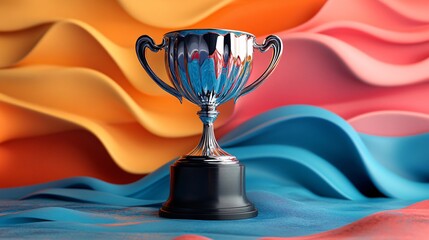 Wall Mural - Colorful wave-patterned background with a gleaming trophy in the foreground, symbolizing triumph and accomplishment