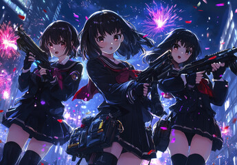 Wall Mural - Anime-style artwork depicting four female high school students in uniform with long hair, holding magical weapons and ready to fight.