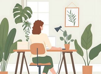 Wall Mural - Woman Working at Home Office Desk with Plants