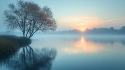 Sticker - Misty Morning Sunrise Over a Calm Lake