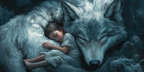 Wall Mural - A girl sleeping peacefully with a wolf.