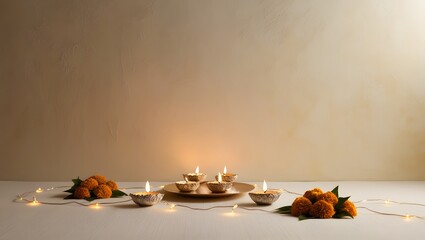 Diwali diya arrangement with marigold flowers and fairy lights