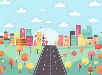 Cartoon Cityscape With Road And Trees