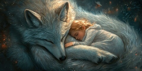 Wall Mural - A girl sleeps peacefully in a wolf's embrace.