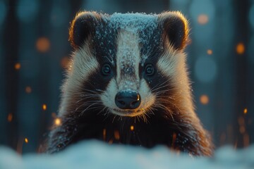 majestic european badger in moonlit forest textured fur catching silver light misty atmosphere with bioluminescent fungi and fireflies