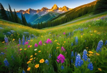 breathtaking mountain views surrounded colorful flower meadows scenic landscape, altitude, adventure, animals, blossoms, bright, captivating, charm