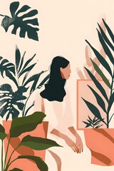 Wall Mural - Woman Sitting in a Potted Plant Room Illustration