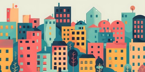 Canvas Print - Colorful Cityscape Illustration With Buildings And Trees