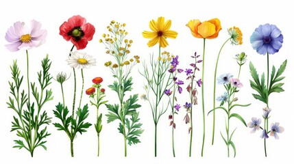 Wall Mural - Different beautiful flowers isolated on white, set