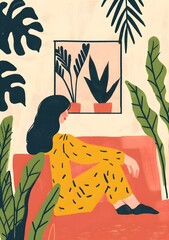 Wall Mural - Woman Sitting On Couch With Plants Illustration