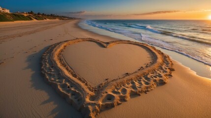 Poster - A heart drawn in the sand on a beach. AI.