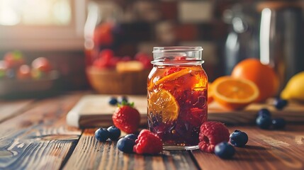 A glass jar of healthy and tasty fruit jelly rests on a wooden kitchen table