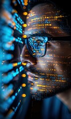 Wall Mural - a programmer's face reflected in a screen of code. ai.