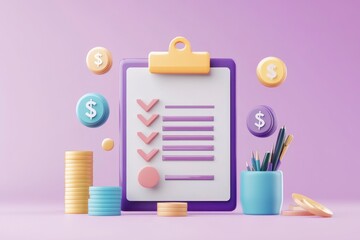 Wall Mural - 3d clipboard icon with business idea goal on project plan, fast progress icon. Business invoice bill expenses idea, 3d checklist clipboard for finance business. with generative ai