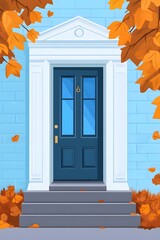 Canvas Print - Blue Door With Autumn Leaves