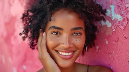 Woman smiling while touching her flawless glowy skin with copy space for your advertisement, skincare 