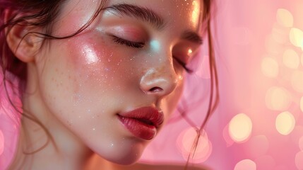 Poster - Beautiful young woman face with closed eyes on pastel pink glowing background. Beauty skin care make up cosmetics concept banner