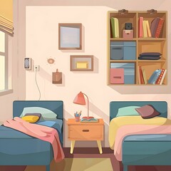 Wall Mural - Cartoon Illustration of a Twin Bedroom with Bookshelf