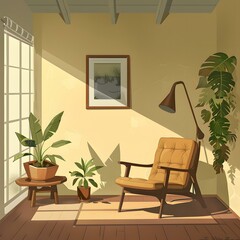 Wall Mural - Living Room Interior Illustration with Armchair, Plants, and Window