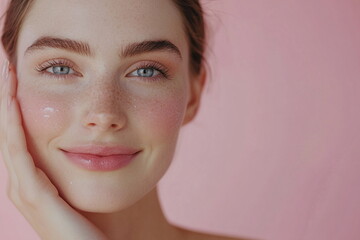 Skincare and beauty portrait. A Caucasian woman with beautiful face touching healthy facial skin. Young adult smiling girl model with natural makeup touching glowing hydrated skin on pink background. 