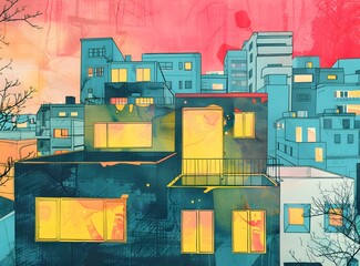 Canvas Print - Abstract Illustration of City Buildings at Sunset