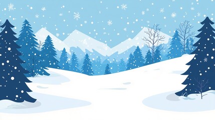 Wall Mural - Snowy winter landscape featuring evergreen trees and mountains under a blue sky with falling snowflakes during a serene afternoon