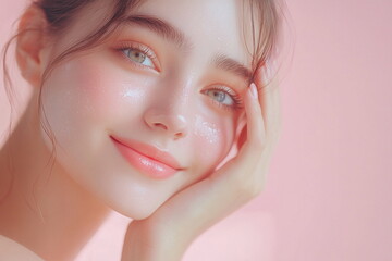 Skincare and beauty portrait. A Caucasian woman with beautiful face touching healthy facial skin. Young adult smiling girl model with natural makeup touching glowing hydrated skin on pink background. 