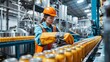 © Super - A worker in a safety uniform operating a large canning machine in a food production facility