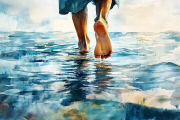 Wall Mural - Jesus miraculously walks on water across the sea