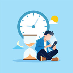 smartphone addiction. wasting time by scrolling smartphone, exhausted man sitting with clock and san