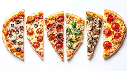 Delicious selection of pizza slices showcasing various toppings on a white background.